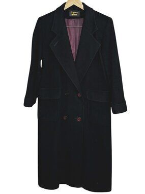 Vintage Lauren Meren Black Wool Pea Coat Full Length Size Medium Made in USA 80s